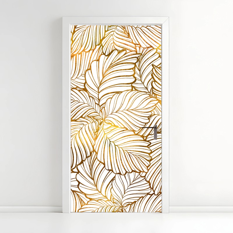 Door sticker golden leaf line art pattern