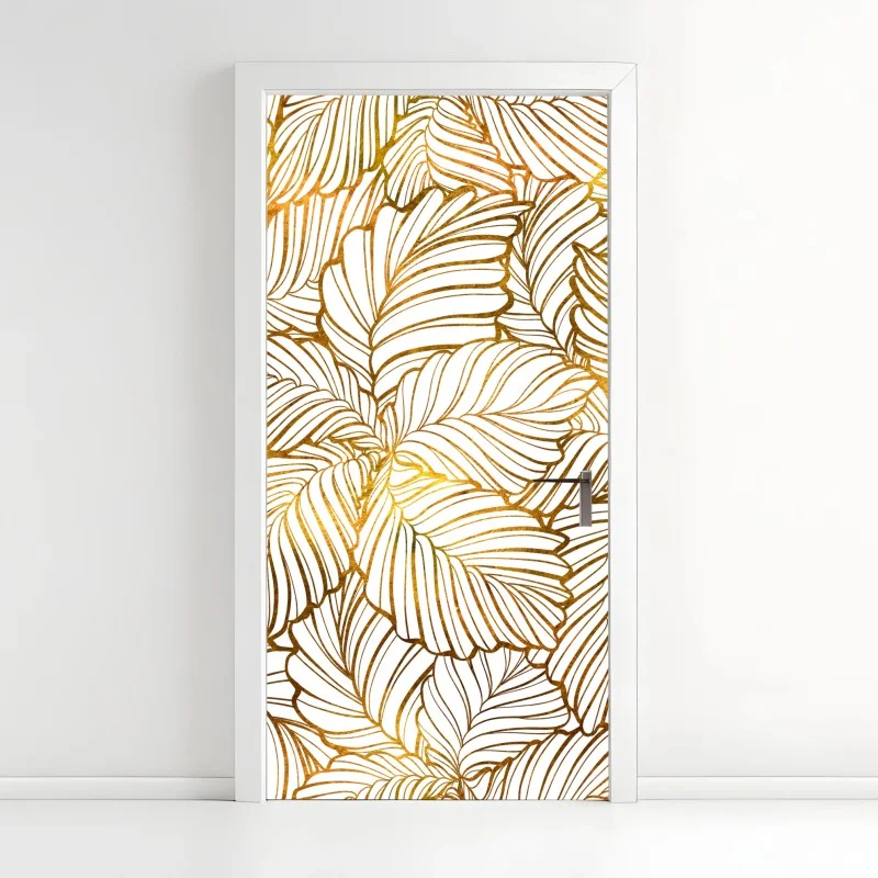 Door sticker golden leaf line art pattern
