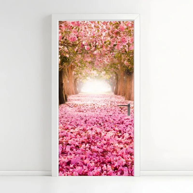 Door sticker pink blossom pathway under cherry trees