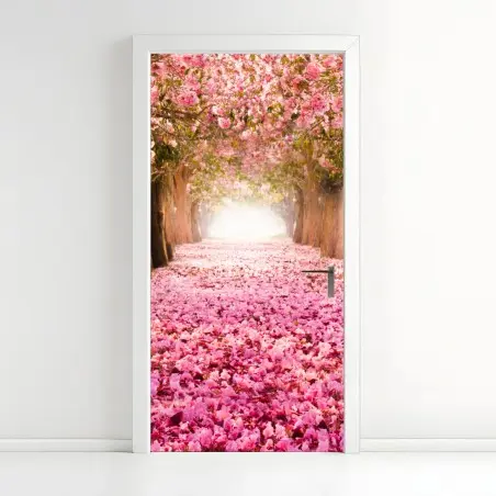 Door sticker pink blossom pathway under cherry trees • Wallissimo®