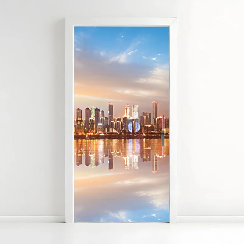 Door sticker city skyline reflected at dusk