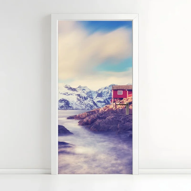 Door sticker coastal mountain retreat with red cabins