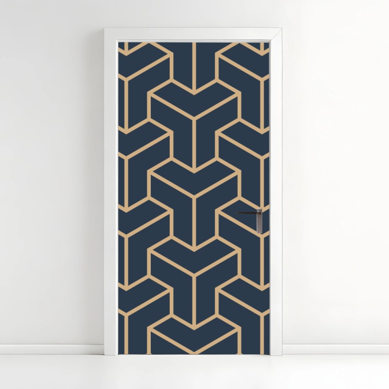Door sticker navy geometric cube pattern