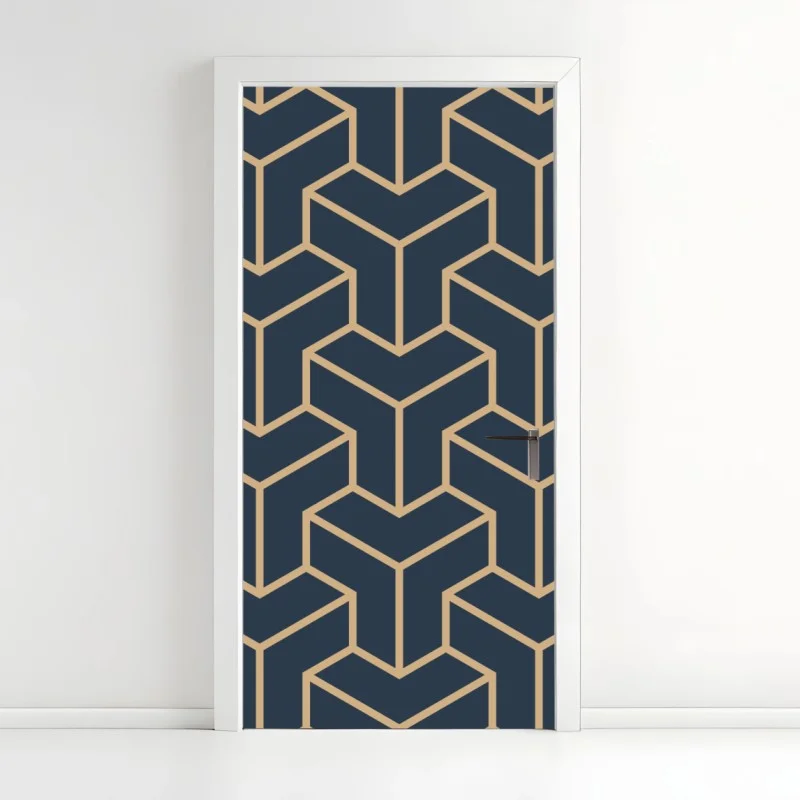 Door sticker navy geometric cube pattern