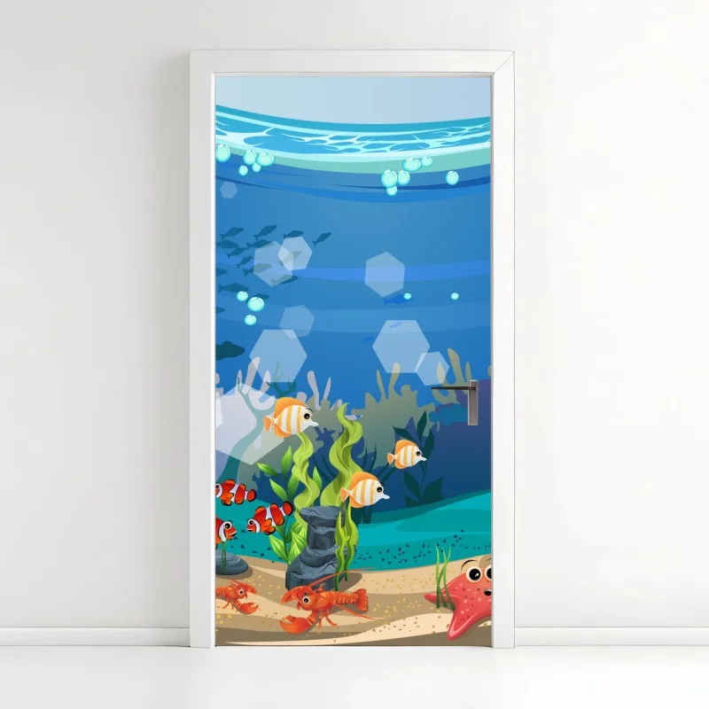 Door sticker playful underwater coral reef scene