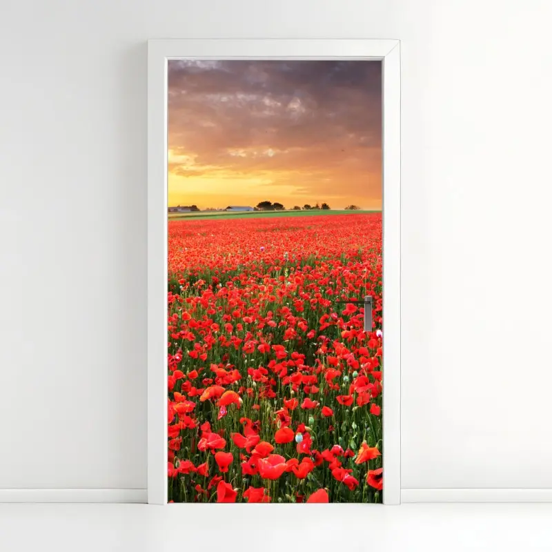 Door sticker sunset poppy field panorama
