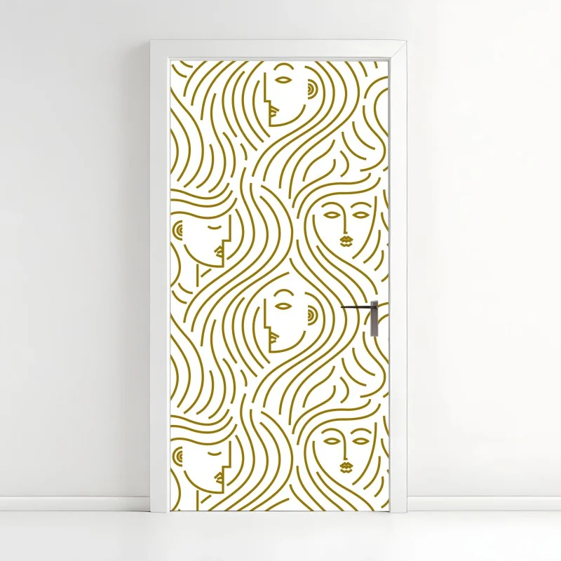 Door sticker golden flowing faces seamless pattern