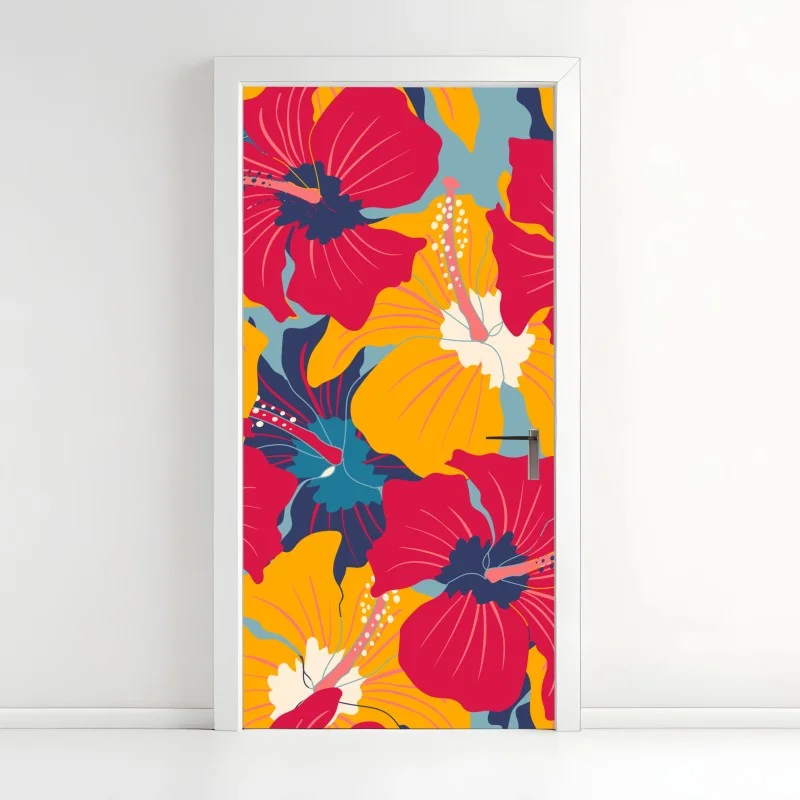 Door sticker vibrant hibiscus floral pattern