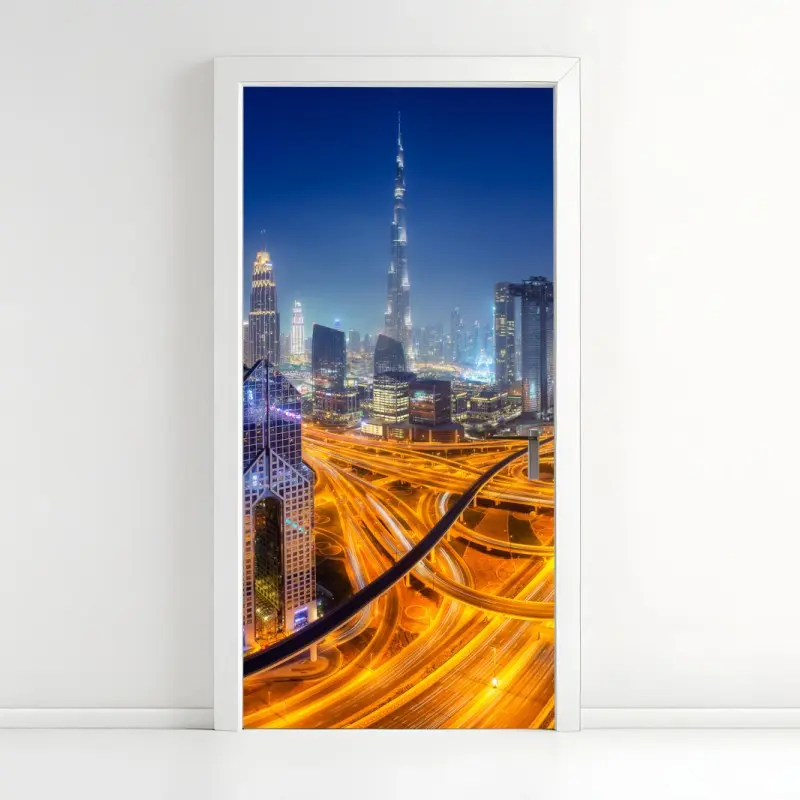 Door sticker Dubai night skyline panoramic