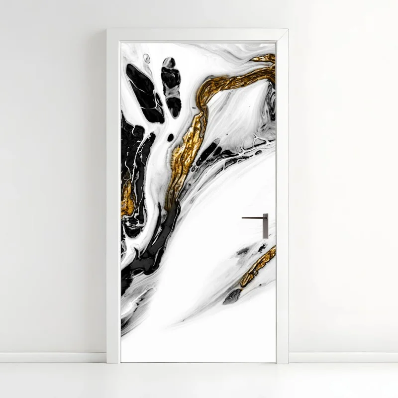 Door sticker black and white marble with gold veins