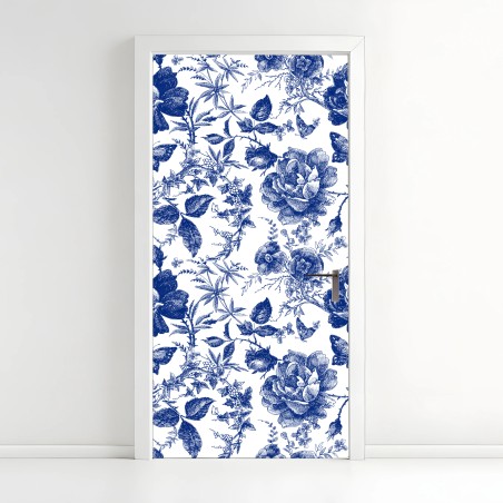 Door sticker blue floral toile pattern • Wallissimo®