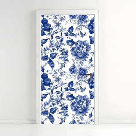 Door sticker blue floral toile pattern • Wallissimo®