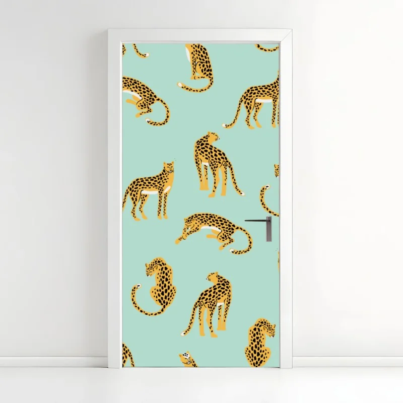 Door sticker playful cheetah pattern on turquoise background