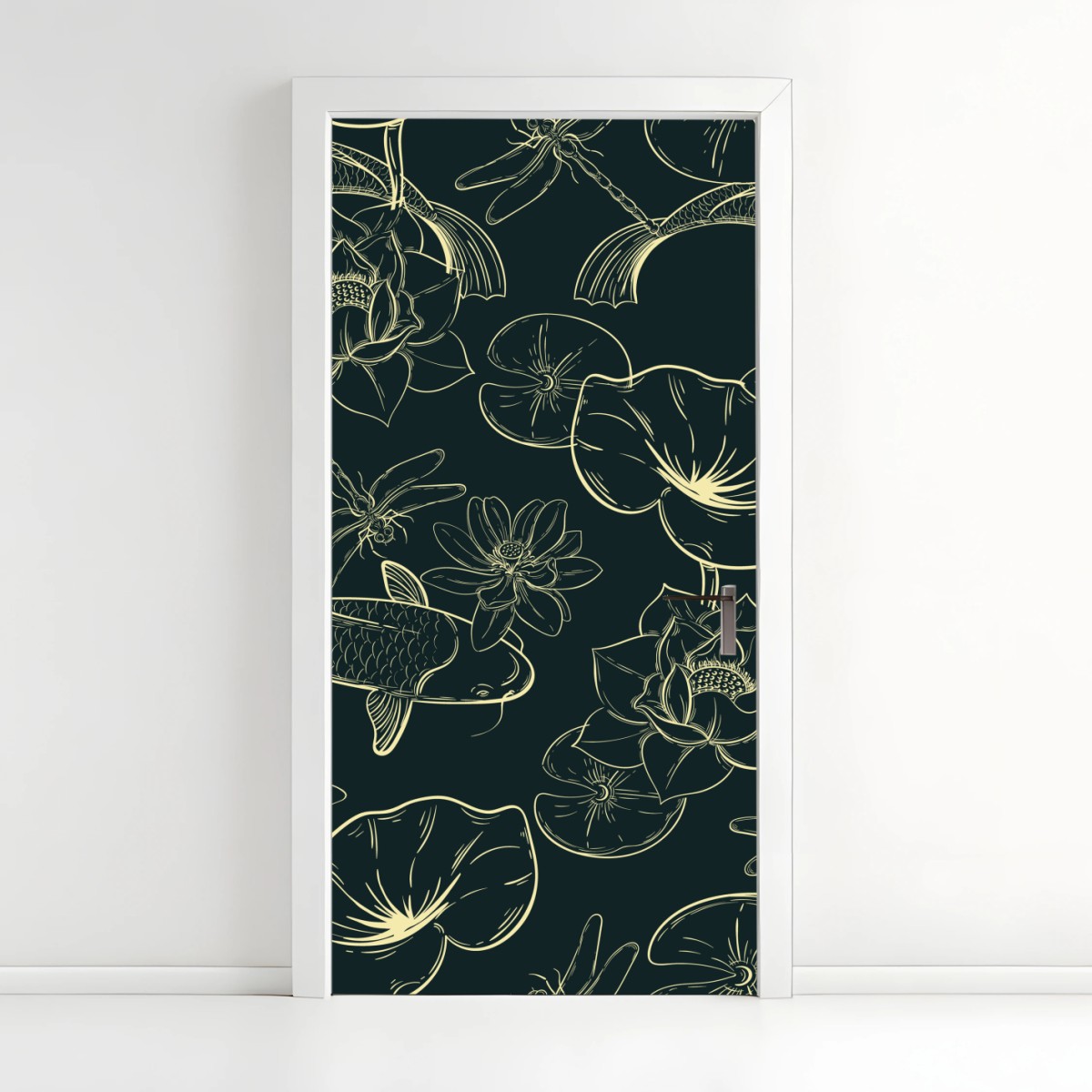 Door sticker hand-drawn koi and lotus pattern • Wallissimo® Door sticker hand-drawn koi and lotus pattern • Wallissimo®