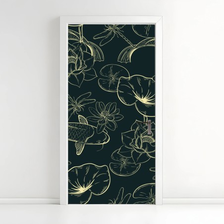 Door sticker hand-drawn koi and lotus pattern • Wallissimo®