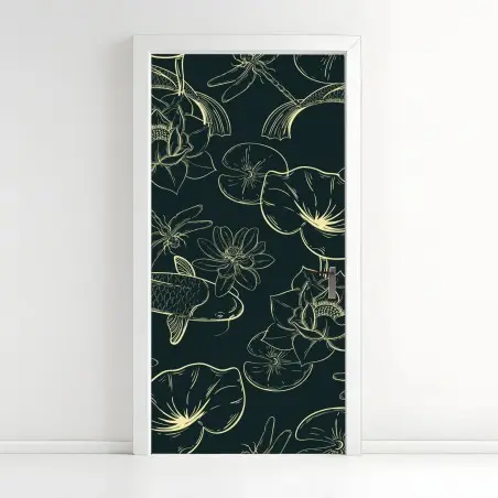 Door sticker hand-drawn koi and lotus pattern • Wallissimo®