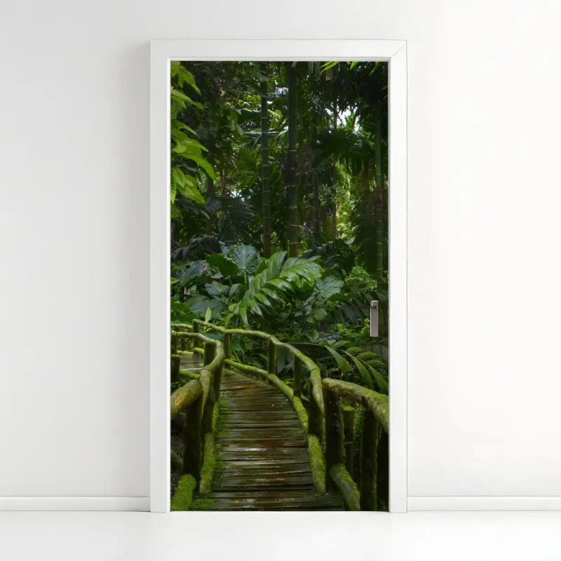 Door sticker tranquil jungle boardwalk through lush rainforest