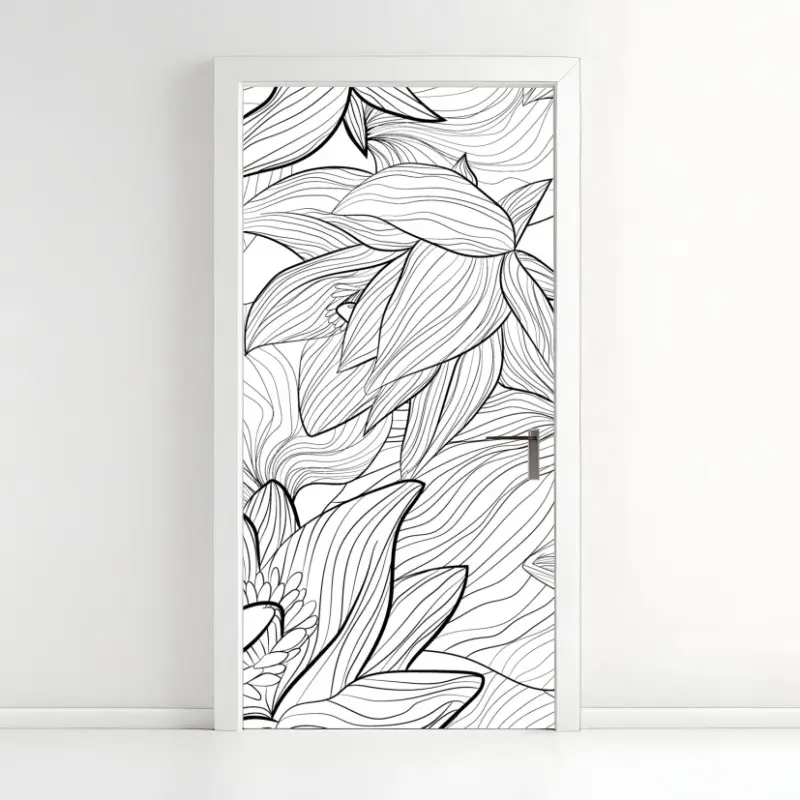 Door sticker delicate lotus line art floral pattern