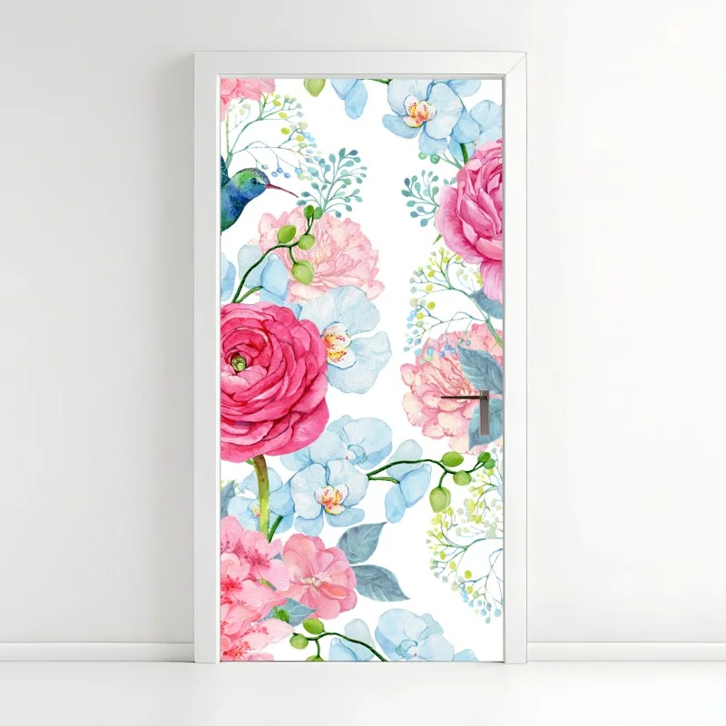 Door sticker pink watercolor floral garden with hummingbird