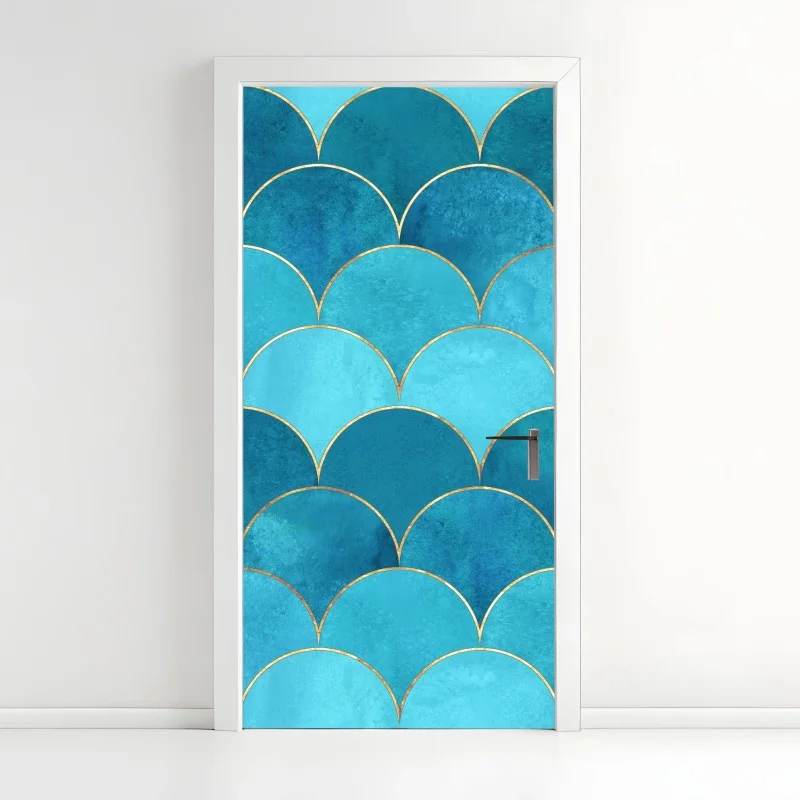 Door sticker turquoise mermaid scale pattern with gold accents