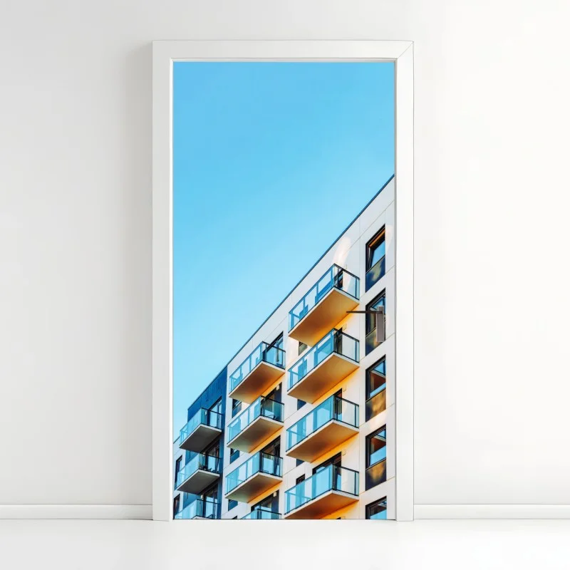 Door sticker modern apartment building with balconies