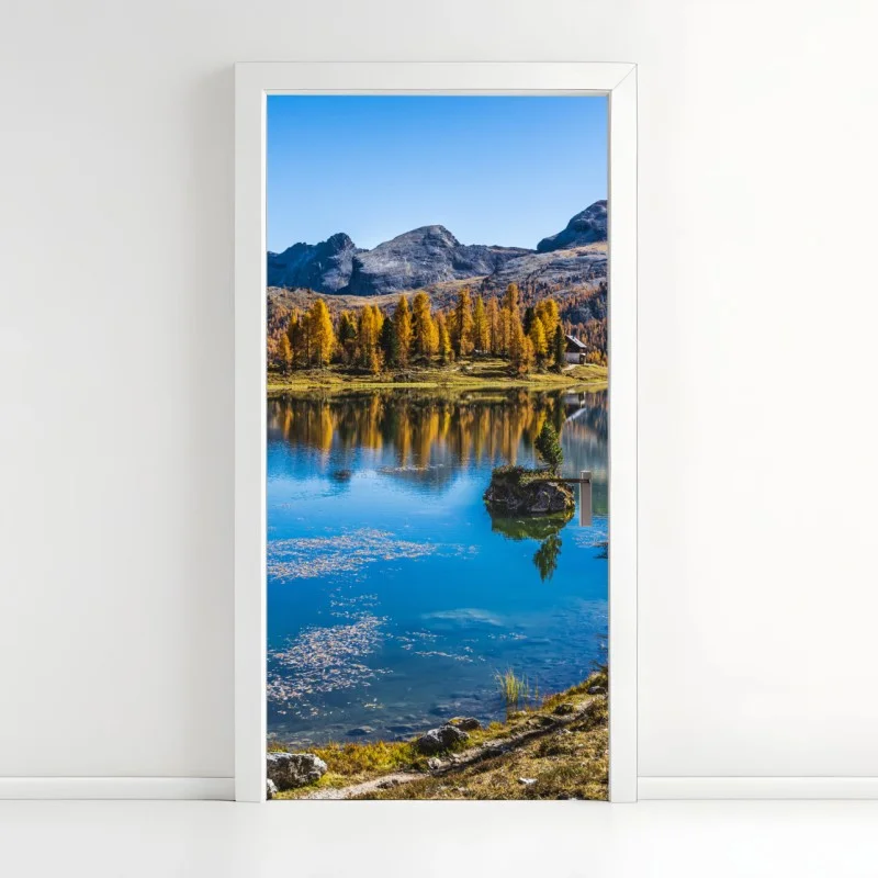 Door sticker autumn alpine lake with mountain reflections