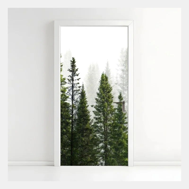 Door sticker misty fir forest panorama