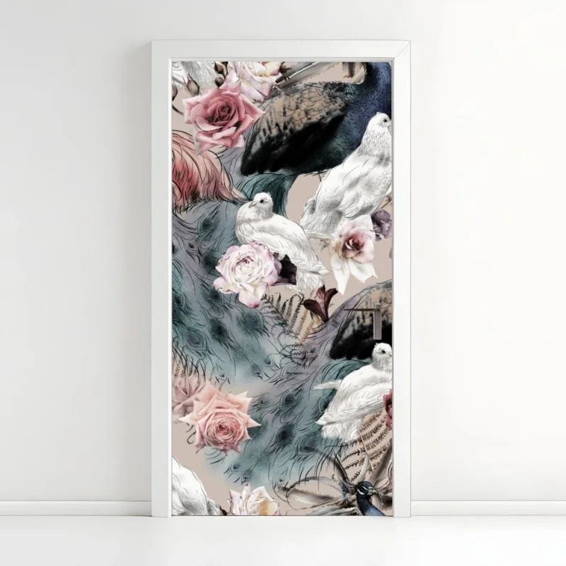 Door sticker watercolor birds and roses pattern