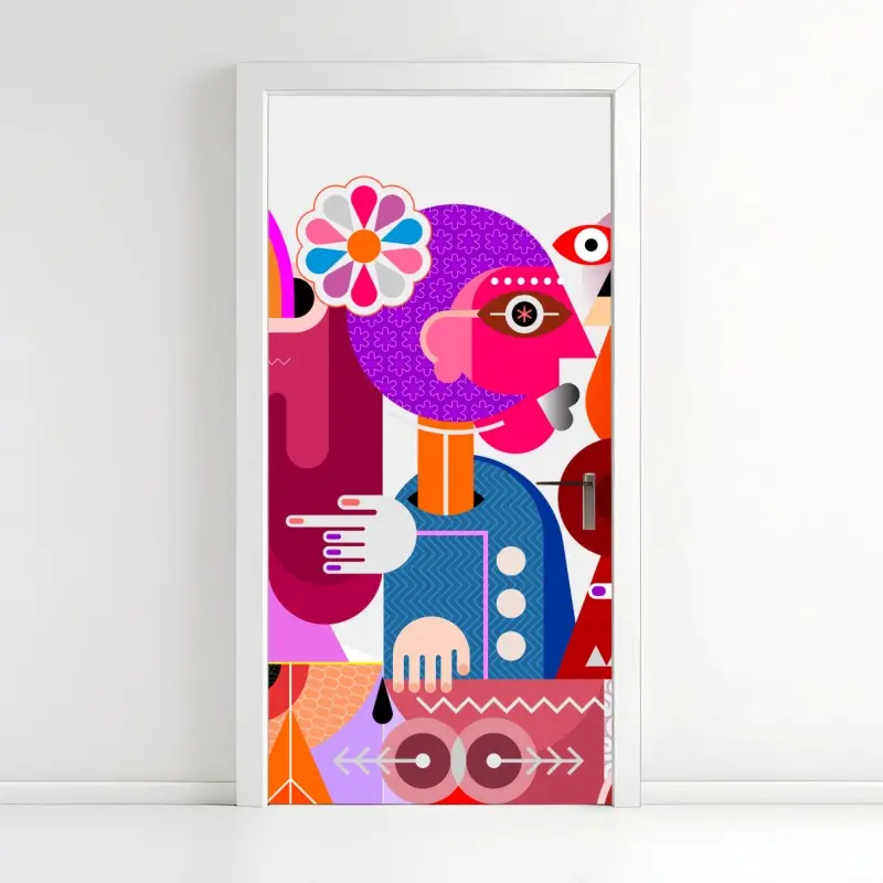 Door sticker man with rainbow riding geometric bird