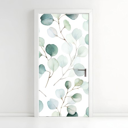 Door sticker soft eucalyptus watercolor leaves pattern • Wallissimo®