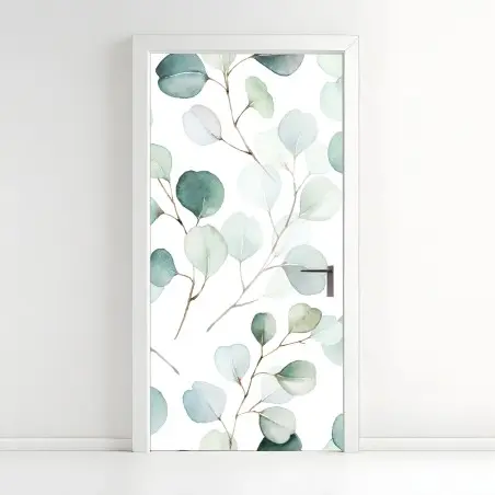 Door sticker soft eucalyptus watercolor leaves pattern • Wallissimo®