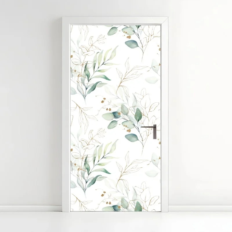 Door sticker soft eucalyptus watercolor leaves pattern