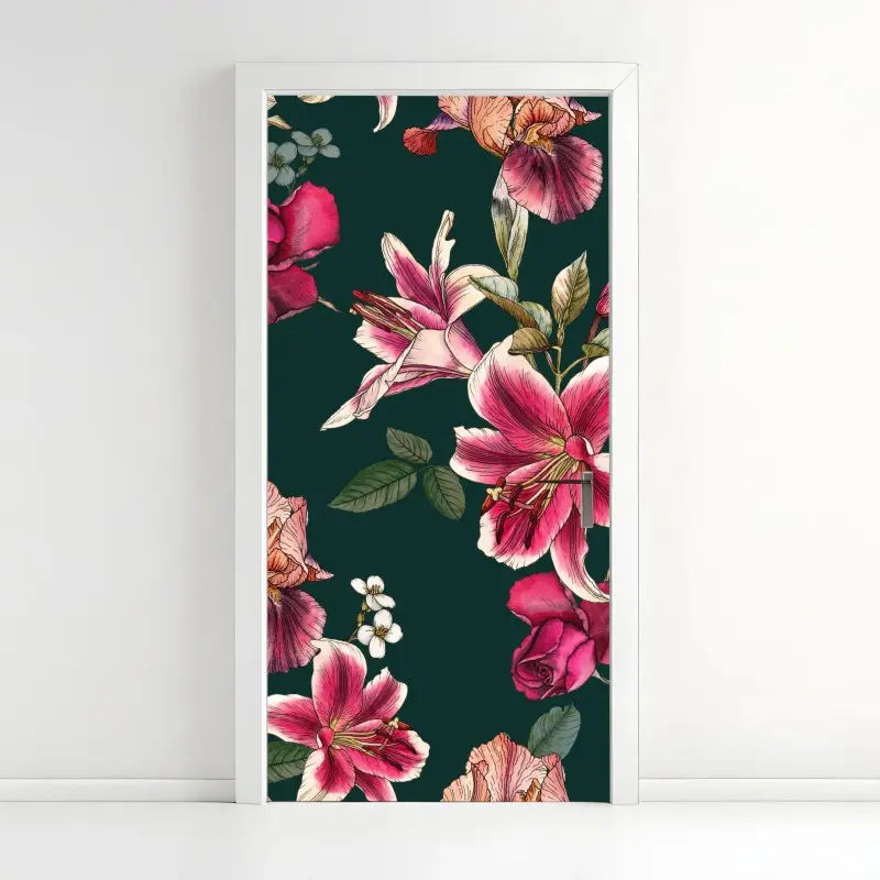 Door sticker vintage botanical floral pattern on deep green