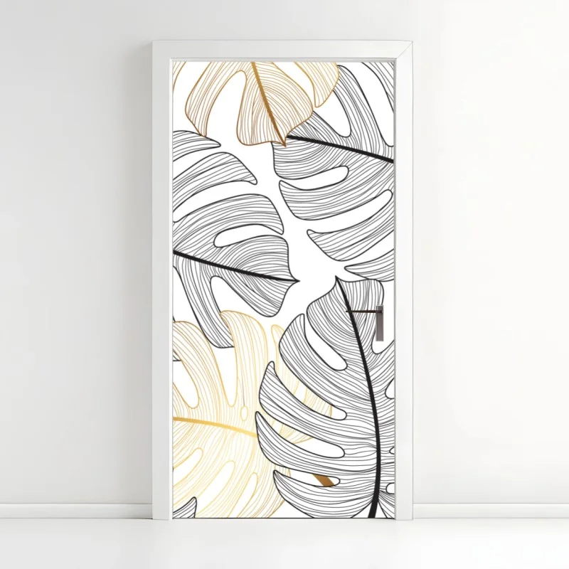 Door sticker monstera leaf pattern with gold accents