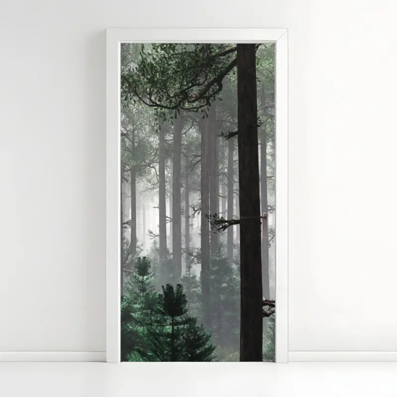 Door sticker misty evergreen forest panorama