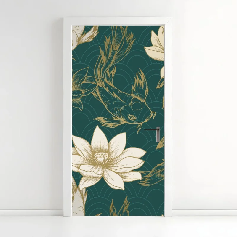 Door sticker oriental koi and lotus pattern in teal and gold