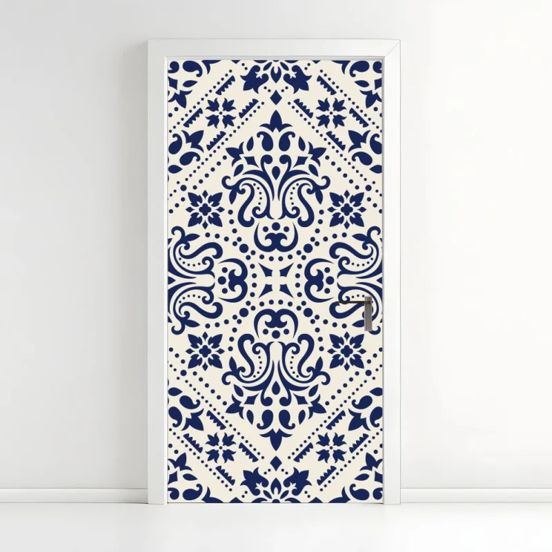Door sticker navy damask tile pattern