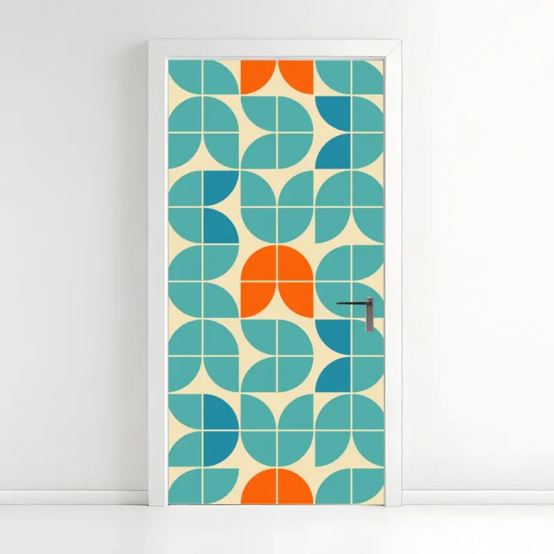 Door sticker retro geometric tile pattern in turquoise and orange