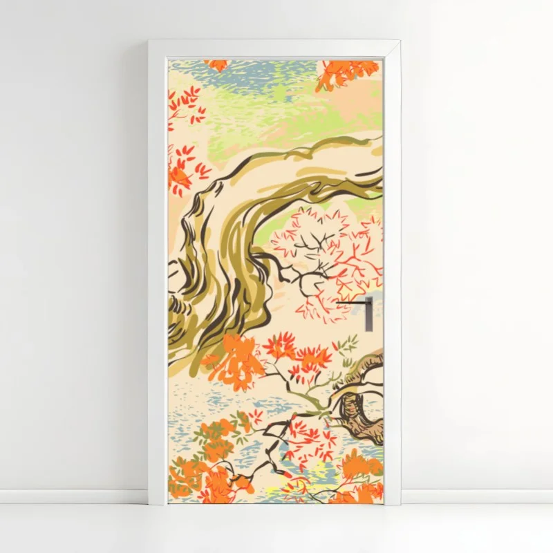 Door sticker serene oriental tree and leaf pattern