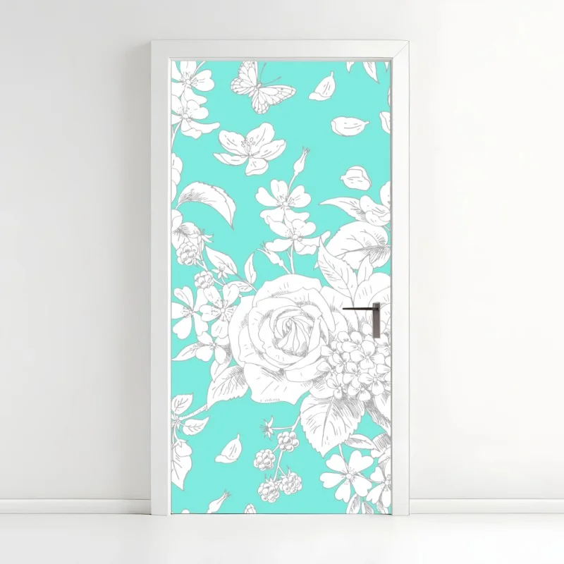 Door sticker turquoise floral botanical pattern