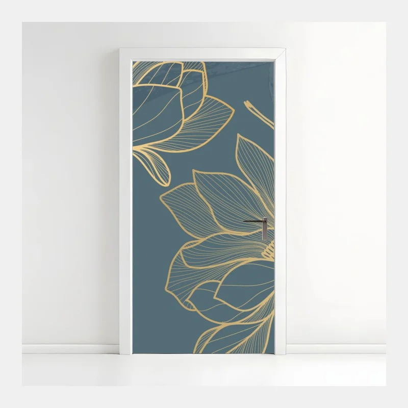 Door sticker gold magnolia line art on teal