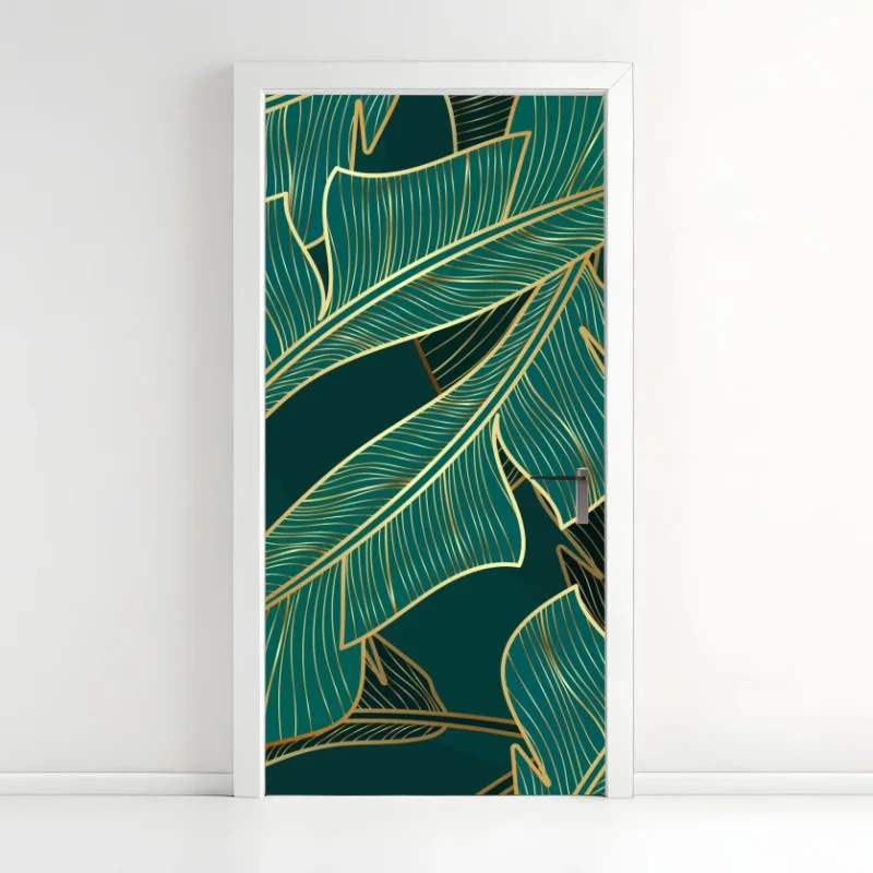 Door sticker gold-lined tropical banana leaves pattern