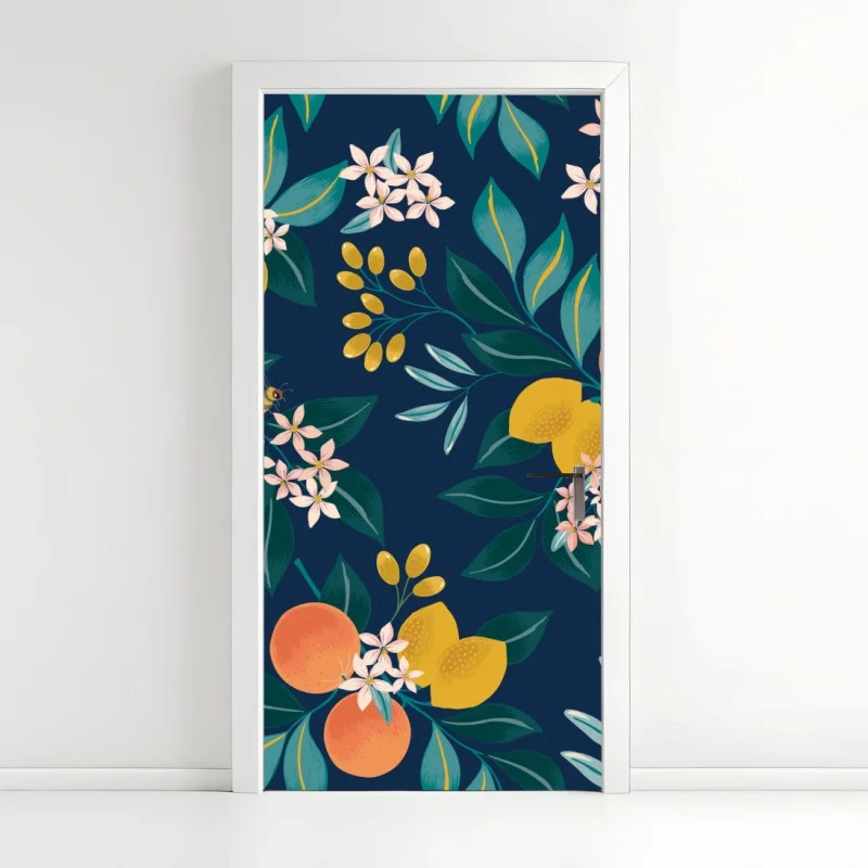 Door sticker citrus blossom botanical pattern on navy