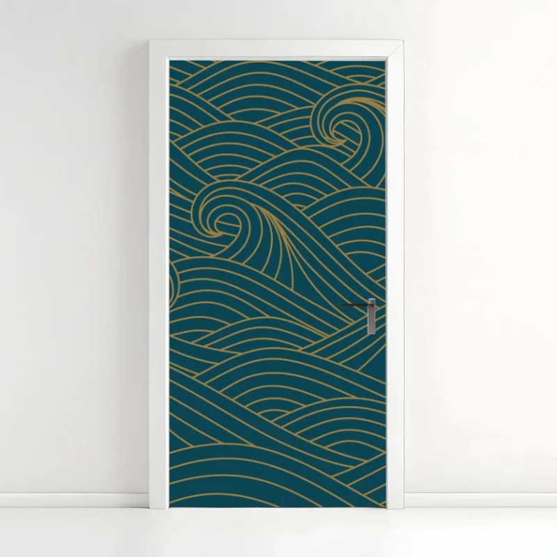 Door sticker gold-lined teal wave pattern