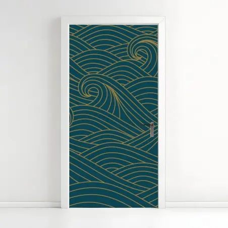 Door sticker gold-lined teal wave pattern • Wallissimo®
