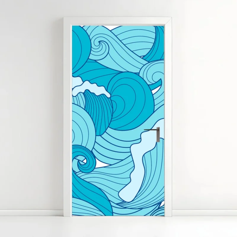 Door sticker blue ocean waves pattern