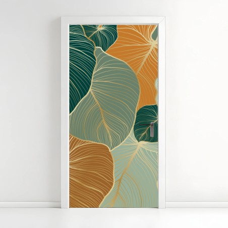 Door sticker teal and gold botanical leaf pattern • Wallissimo®