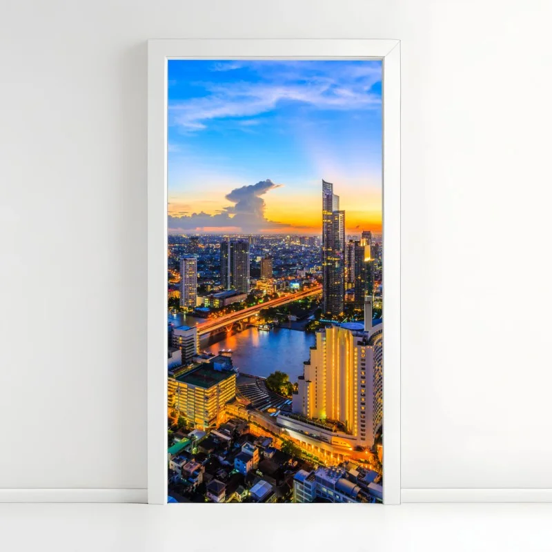 Door sticker vibrant city skyline at dusk