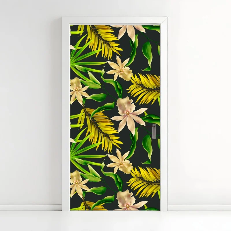 Door sticker tropical orchid floral pattern on dark background