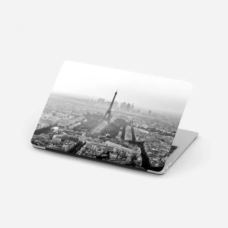 Laptop sticker elegant Eiffel Tower aerial skyline in grayscale